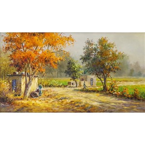 Hanif Shahzad, Orange Pathway, 14 x 26 Inch, Oil on Canvas, Cityscape Painting, AC-HNS-057